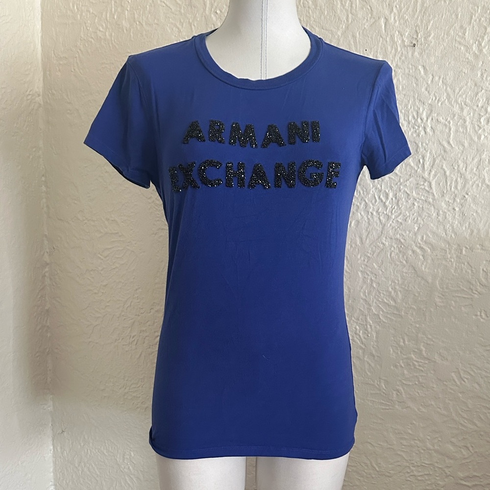 Armani Exchange Blue Black Faceted Gems Logo T-Shirt Small
